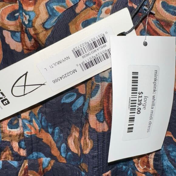 NWT MinkPink Whilla Navy Multi Paisley O-Ring Tie Neck Midi Dress Size Large - Picture 6 of 16